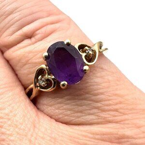 10K Gold Purple Amethyst White Sapphire Heart Ring Size 8 Gift for Girlfriend